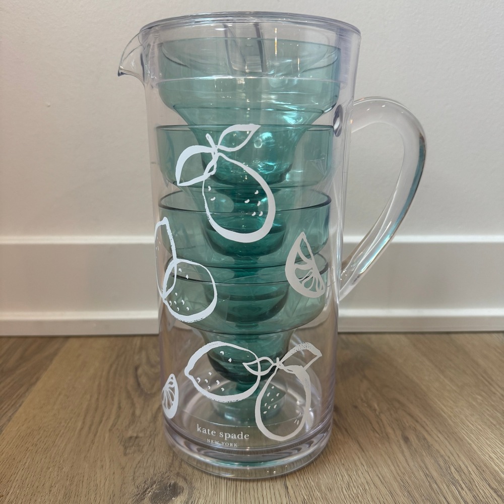 Kate Spade New York Pitcher Set with 4 Stackable Teal Margarita Glasses NEW